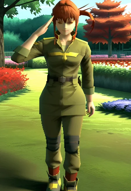 3d, mgs1_style, no eyes, 1girl, solo, female focus, alma_CF, red hair, short hair with long locks, bangs, sidelocks, single hair bun, hair ornament, floating hair, ponytail, small breasts, military uniform, collared jacket, military rank insignia, green jacket, white undershirt, sleeve cuffs, belt, belt buckle, green skirt, knee socks, green socks, ankle boots, green footwear, salute, looking at viewer, smile, full body, standing, salute, outdoors, garden, tree, flowers