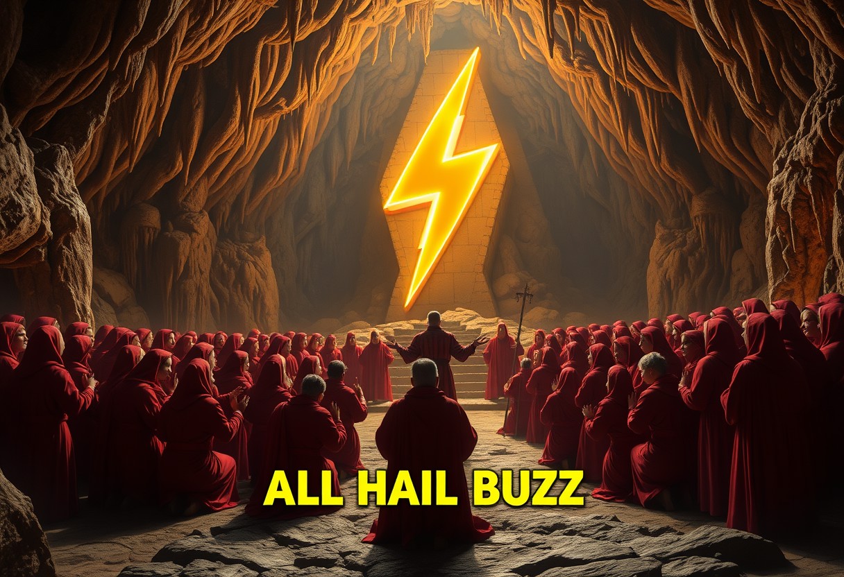 A group of cultists in red robes worship a giant glowing golden idol of a 3d lightning bolt symbol in a large cavern with stalactites hanging from the ceiling, the cavern is illuminated by the lightning bolt symbol's soft golden glow, most of the cultists are kowtowing to the lightning bolt symbol, one cultists stands in front of the lightning bolt symbol and preaches to the crowd, yellow text along the middle bottom of the scene spells out the words "ALL HAIL BUZZ"