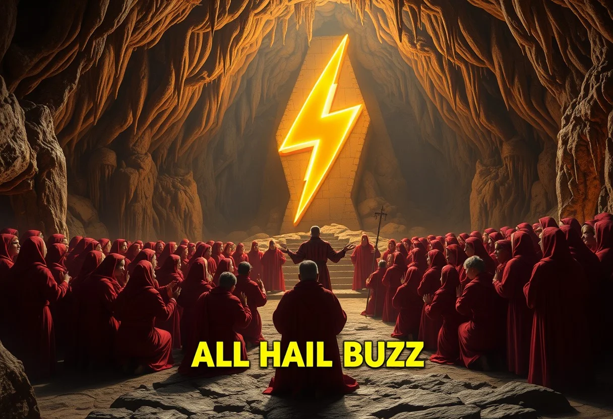 A group of cultists in red robes worship a giant glowing golden idol of a 3d lightning bolt symbol in a large cavern with stalactites hanging from the ceiling, the cavern is illuminated by the lightning bolt symbol's soft golden glow, most of the cultists are kowtowing to the lightning bolt symbol, one cultists stands in front of the lightning bolt symbol and preaches to the crowd, yellow text along the middle bottom of the scene spells out the words "ALL HAIL BUZZ"