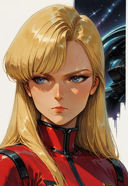 1girl, Joan Randall (captain future), blonde hair, long hair, side swept bangs, serious, red bodysuit,  outer space, starry sky background, white background, black stars \(sky\), painterly, portrait, fine art, masterpiece, best quality, good quality, very awa, very aesthetic, absurdres, newest ,sci-fi, illustration, retro,