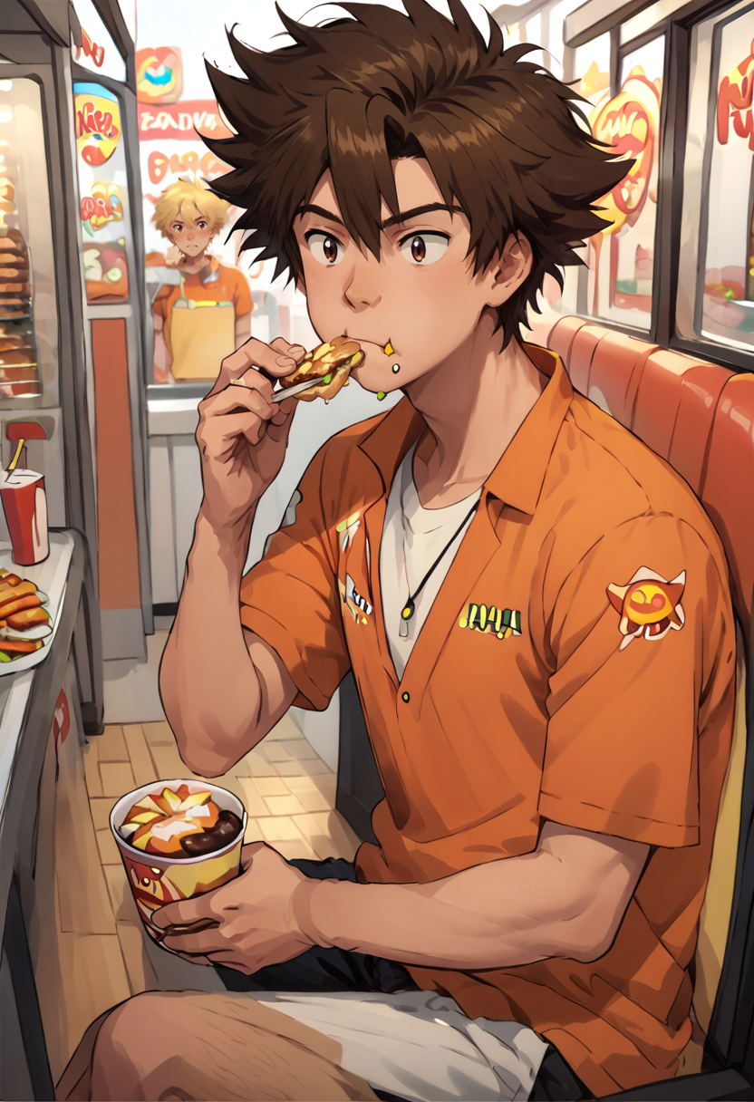 score_9,score_8_up,  <lora:YagamiTaichi:1>,yagami taichi, 1boy,solo, <lora:OtherStyle_06:0.6>,brown hair, brown eyes,eating,fast food, sitting,