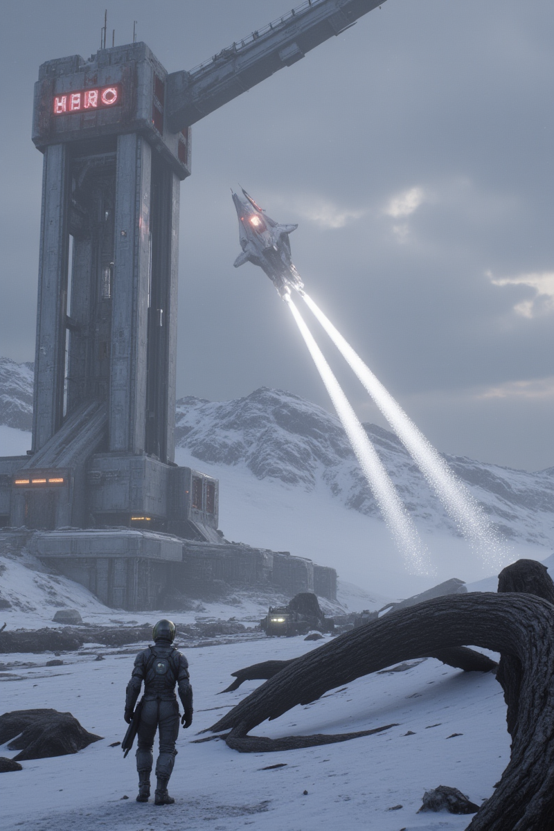 3DGame,The image portrays a futuristic scene set in a snowy, mountainous landscape. Dominating the background is a colossal, intricate structure resembling a launch platform or spaceport, with towering pillars and a horizontal beam across the top, adorned with red and white markings. A sleek, silver spacecraft is in flight, leaving a bright contrail as it ascends into the overcast sky, which is streaked with more light trails suggesting recent launches.
In the foreground, a figure clad in a detailed space suit with a helmet stands gazing towards the spacecraft. The suit is equipped with various gear, indicating readiness for exploration or travel. The ground is covered with snow and scattered with debris, including a fallen tree trunk and what appears to be a crashed vehicle, adding to the sense of a harsh, untamed environment. The overall atmosphere is one of awe and anticipation, as the figure watches the spacecraft's ascent, possibly contemplating the vastness of space and the adventures it holds.