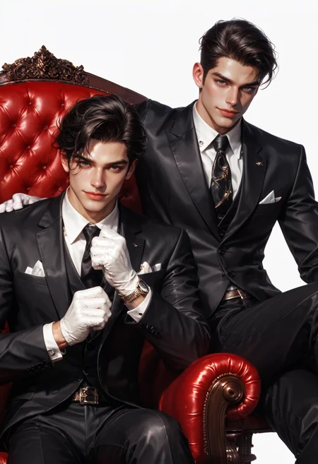 score_9, score_8_up, score_7_up, masterpiece, realistic skin, white palette, black palette, rich theme, (male focus), cowboy shot, unique angle, front view, (2boys), adult, sitting in a two luxurious red chairs, masculine, (muscule:0.3), diferent hair, black hair, straight hair, diferent eyes, mouth slightly open, happy, seriously, black suit, tie, armwatch, gloves, handshake, dynamic pose, looking at viewer, (simple background), white background, highres textures