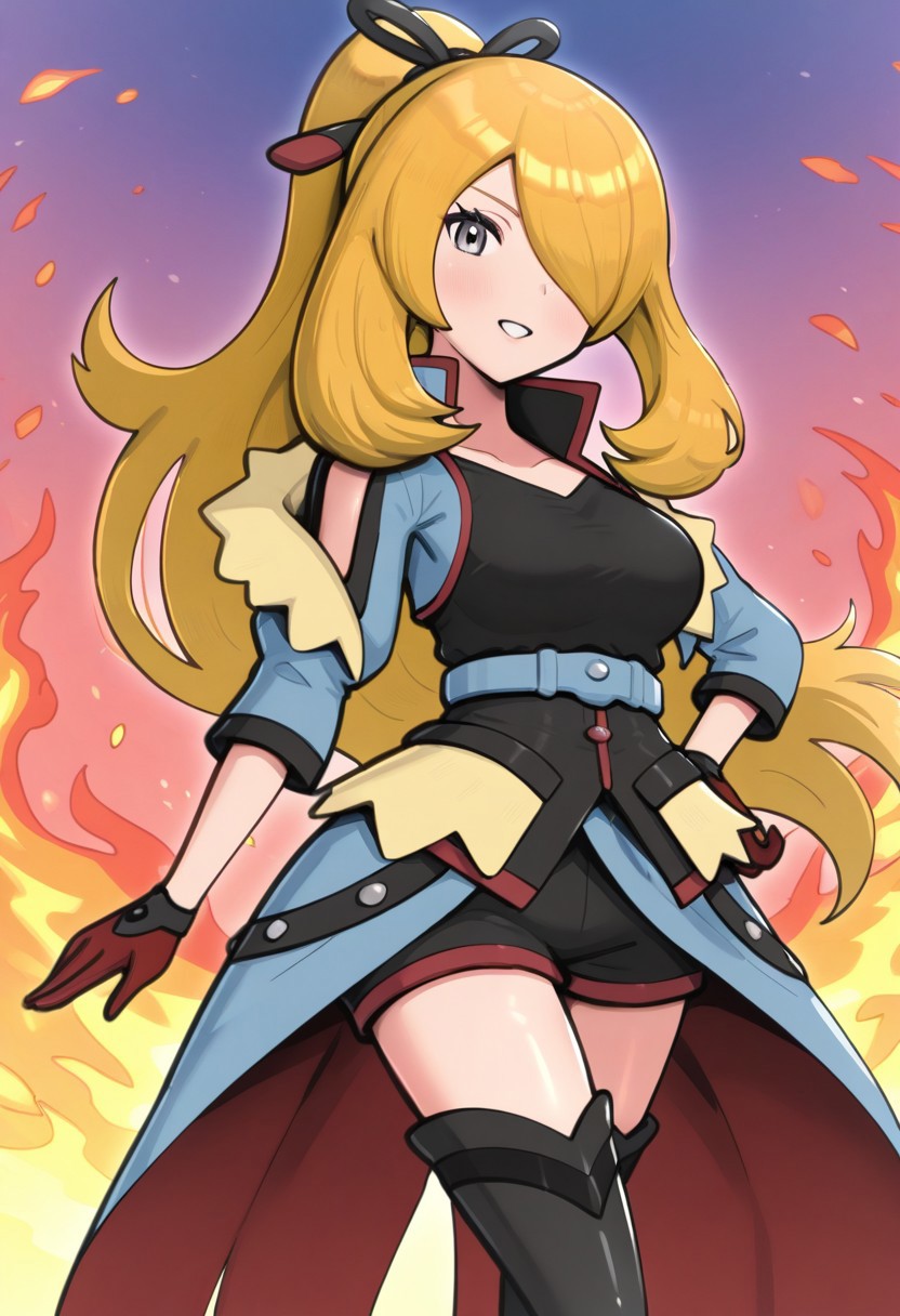hinosaki, [[pokemoa, gonzarez]], 2d, masterpiece, best quality, amazing quality, 1girl, solo, close-up, standing, smile, upper body, cowboy shot, looking at viewer, simple background, colorful background, flames, auracynthia, def colors, grey eyes, blonde hair, very long hair, ponytail, black hair ribbon, hair over one eye, collarbone, blue jacket, shoulder cutout, red gloves, black shirt, blue belt, black shorts, showgirl skirt, blue skirt, red lining, thigh boots, high heels boots, black footwear