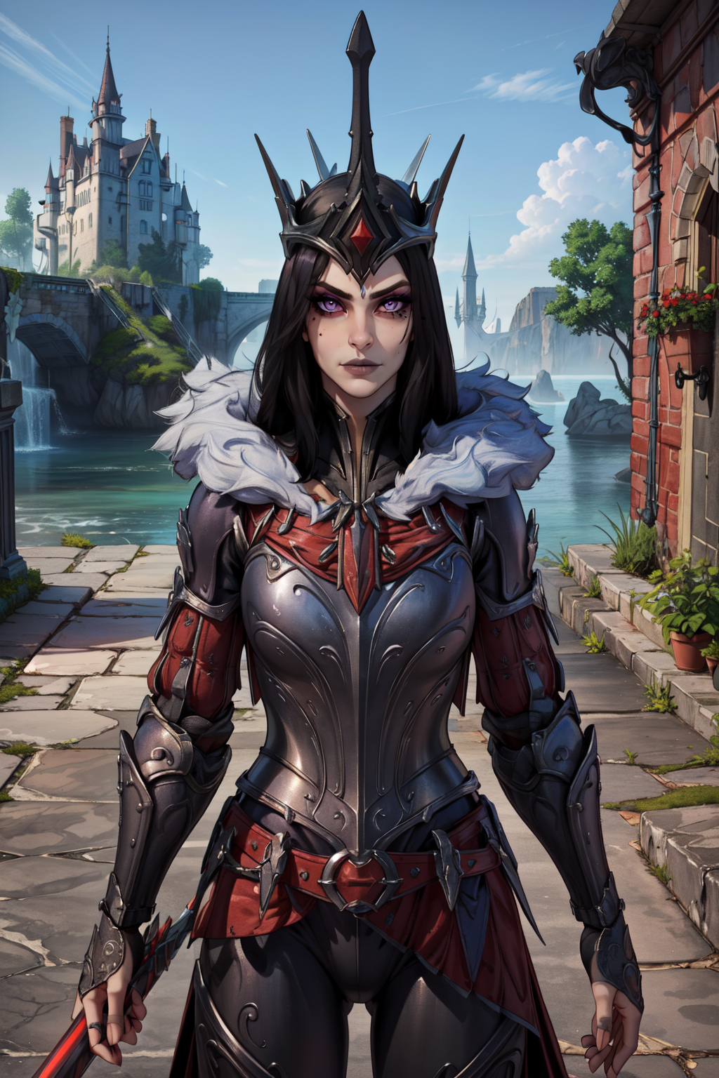 <lora:MorganLeFaySmite-000007:0.85>, MorganLeFay Smite, 1girl, solo, long hair, looking at viewer, weapon, belt,  cape, ((hip armor)), armor, fur trim, makeup, crown, knife, lipstick, gauntlets, greaves, sword,holding sword,black knight sword, narrowed eyes,portrait:1.5,
(castle background, castle courtyard, grey castle stone),
(insanely detailed, beautiful detailed face, masterpiece, best quality),