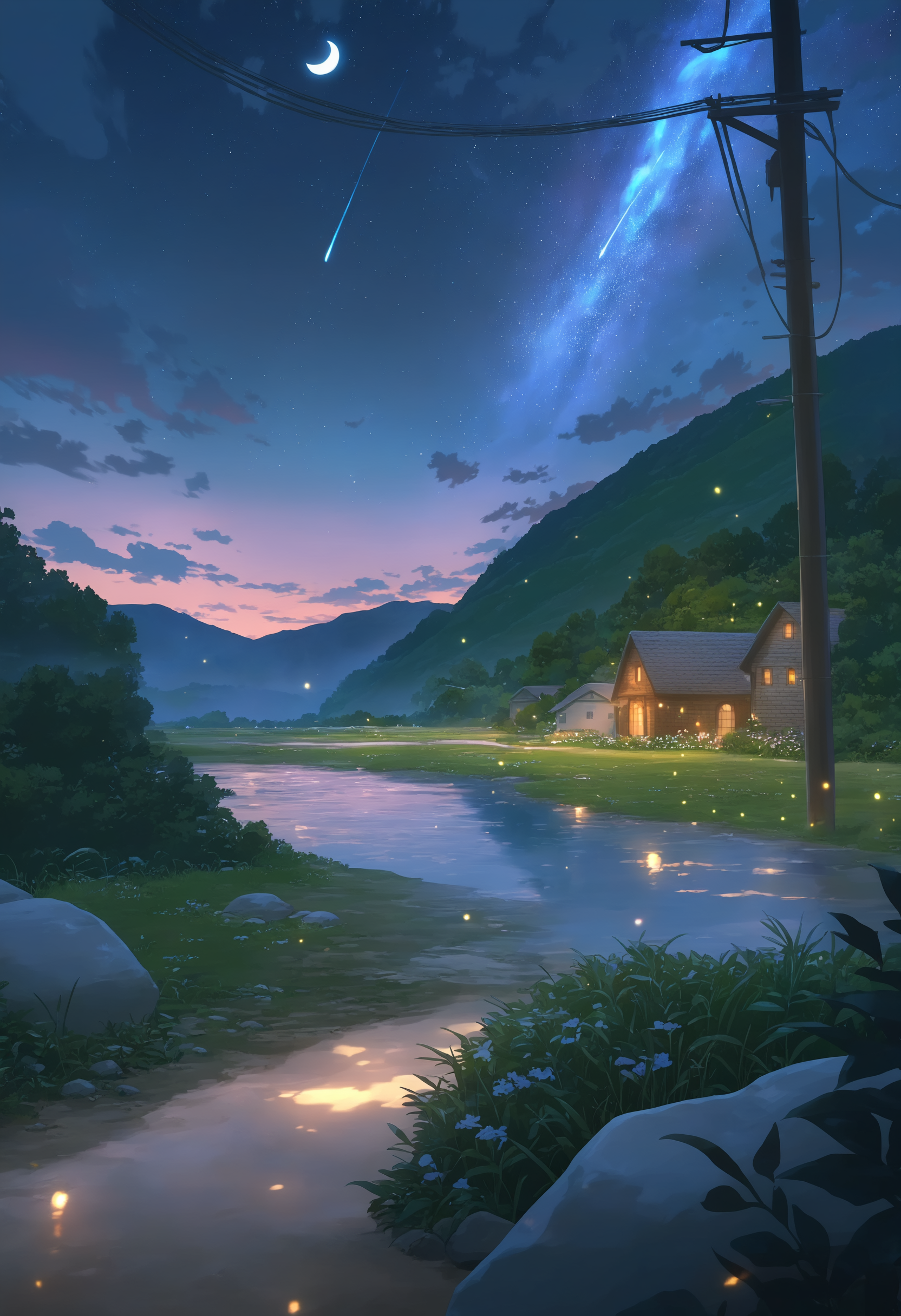 masterpiece, best quality, newest, very awa, anime screencap, scenery, wide shot, no humans, scenery, night, sky, house, outdoors, grass, star \(sky\), night sky, shooting star, moon, power lines, starry sky, crescent moon, cloud, fireflies, utility pole, hill, mountain, mountainous horizon, door, building, bush, chimney, very wide shot, window, flower, water, road, landscape, field, no humans, river, cat, plant, tree, town