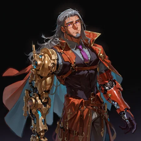 <lora:Reagan__Alchemist_Code-000003:.7>, tagatamereagan, 1boy, grey hair, long hair, purple eyes, glasses, eyewear strap, solo, male focus, manly, mature male, bara, muscle body, collared shirt, long sleeves, vest, tie, single mechanical arm, armor, gloves, arm guard cape, pants, boots,
cowboy shot, 
(very short hair, beard, bara, mature, facial hair, stubble, beard, full beard, sideburn, beard, a lot of beard, ), facial hair,male focus, muscular male, muscular male, bara, mature,  bara, mature, aixiwuganda_(20222192), very awa, masterpiece, best quality, absurdres, newest, perfect quality, detailed background, intricate details,
<lora:slider_Body Type_alpha1.0_rank4_noxattn_last:3><lora:Anime Summer Days 2 Style SDXL_LoRA_Pony Diffusion V6 XL:.6><lora:slider_cfg_scale_boost:.7><lora:Artist6p:.55>, Artist6p, Artist04p,<lora:slider_il_brightness_slider_d1:-1><lora:slider_il_contrast_slider_d1:-1><lora:slider_DarkSlider1.2_alpha1.0_rank16_full_300steps:-.6>