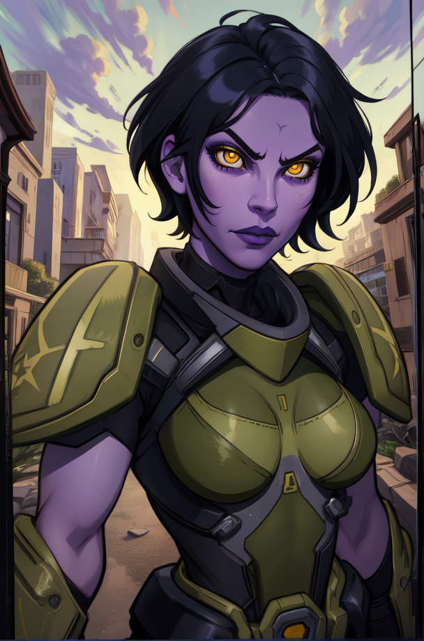 Galilea, yellow eyes, purple skin,  short hair, black hair, 
green armor,  pauldrons, 
solo, upper body, standing,  serious, 
battle station,  morning, 
(insanely detailed, beautiful detailed face, masterpiece, best quality)
 <lora:Galilea-10:0.7>