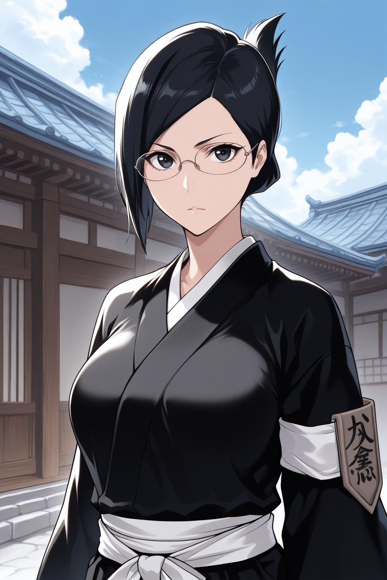 masterpiece, best quality, 1girl, solo,  <lora:isenanao-illu-nvwls-v1-000005:1> blIse, black hair, folded ponytail, short hair, black eyes, glasses, black kimono, black hakama, white sash, tabi, armband, arm badge, upper body, looking at viewer, blue sky, east asian architecture, clouds, breasts, facing viewer, portrait