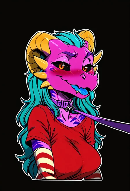 a furry sticker of, white outline:1.4, simple background, by incase, score_9, score_8_up, score_7_up, score_6_up, score_5_up, best quality, highly detailed, intricate details, extremely detailed, masterpiece, 4k, fine details, subtle soft details, futanari, ((Kobold)), ((pink scales:1.4)), split complimentary color scheme, ((purple stripes)), ((black sclera)), ((glowing orange eyes, orange iris, black pupils, split pupils)), (long eastern dragon tail), ((brown ram horns)), ((long teal hair:1.4)), ((purple slave collar)), ((black lipstick)), black eyeliner, plump, cute, medium breasts, cleavage, curvy, red long gloves, large iris, smiling, 1girl, solo, solid bright green background, looking at viewer, (bust shot), red tshirt, red t-shirt, side view, eyes partially closed, deep blush, embarrassed, light blue tongue, half closed eyes, emote, viewer on leash, l3ashed, leash pull