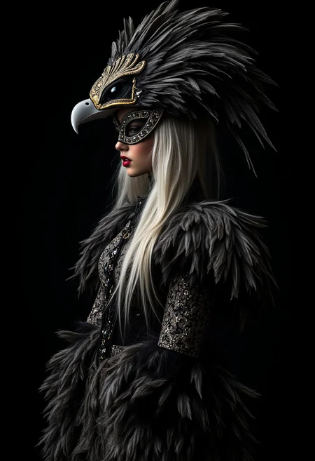japanese supermodel, long platinum hair, dark eyeshadow, red lips, wearing a masquerade costume, with a hat fashioned out of feathers to resemble an eagle's head, and a feathered dress, dark background, silhouetted, chiascuro, midjourney_whisper_avant_couture