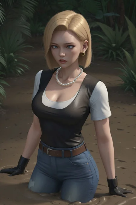 Masterpiece, best quality, shiny skin, 1girl, medium breasts, waist-deep, rainforest, clearing, tropical plants, 3d animation, cgi, from above, looking at the viewer, scared, :o,  partially submerged, sinking in quicksand, brown mud, and18, 1girl, android 18, solo, blonde hair, blue eyes, belt, jeans, pearl_necklace, bracelet, black gloves, white shirt, short hair, short sleeves, earrings, blue pants, open vest, black vest, large breasts