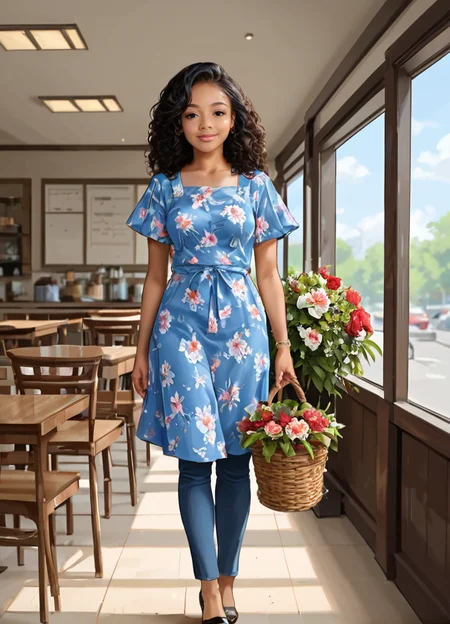 score_9, score_8_up, score_7_up, score_6_up, photo of <lora:Skai_Jackson_pony:1>, skaijackson , is a (charming florist) (20yo young black woman:1.47) , wearing a blue striped shirt, casual pants, flats with floral patterns, apron with floral prints,carrying a flower bouquet, seated at a café, legs crossed, set in studio, Floral Design Area, large table with flower arranging tools, shelves with floral supplies, a comfortable chair for working, a bulletin board with design inspirations, soft lighting , happy, chestnut brown vintage curls hairstyle, 1 women, solo, perfect human anatomy, perfecteyes, black eyes, slim thick thighs ((medium perky breasts covered)) <lora:add-detail-xl:.75> <lora:SexyConiAI:.2> <lora:ah:.4> <lora:Expressive_H:1>