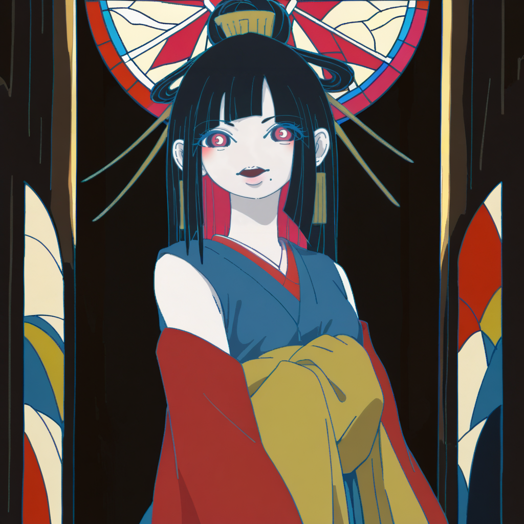 Stained glass style score_9, score_8_up, score_7_up, score_6_up, score_5_up BREAK t1u5, 1girl, mole under mouth, colored sclera, pink eyes, symbol-shaped pupils, long hair, black hair, blue kimono, sleeveless, earrings, hair stick, hime cut, sidelocks, hair ornament, colored inner hair, yellow obi, red sleeves, detached sleeves, cowboy shot, pale skin, looking at viewer, solo, <lora:tukiGirlPDXL16v0.95cametx1:0.9>, Vibrant, beautiful, translucent, intricate, detailed