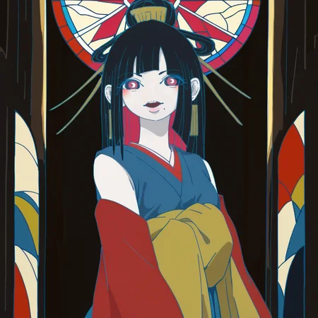 Stained glass style score_9, score_8_up, score_7_up, score_6_up, score_5_up BREAK t1u5, 1girl, mole under mouth, colored sclera, pink eyes, symbol-shaped pupils, long hair, black hair, blue kimono, sleeveless, earrings, hair stick, hime cut, sidelocks, hair ornament, colored inner hair, yellow obi, red sleeves, detached sleeves, cowboy shot, pale skin, looking at viewer, solo, <lora:tukiGirlPDXL16v0.95cametx1:0.9>, Vibrant, beautiful, translucent, intricate, detailed