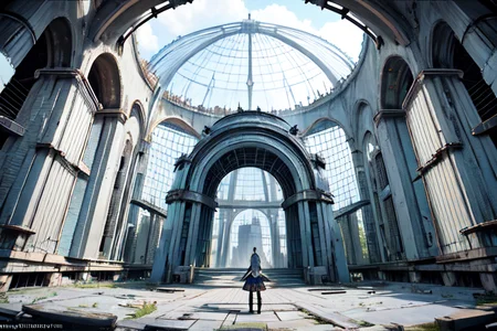highly insanely detailed, masterpiece, top quality, best quality, highres, 4k, 8k, RAW photo, (very aesthetic, beautiful and aesthetic),
tsutomu nihei,nihei_tsutomu,blame!,blame gakuen!,abara,TNstyle,sidonia_no_kishi,(stairs,space,spacecraft,tower,lab,megastructure in background,city ruins,mausoleum),flock,vast scenery,perspective,no human,dystopia,destroyed,empty,biomachine,bioluminescence,cyberpunk,blm,dark background,decrepit,
<lora:ABARA:0.3>,
(1girl:1.3),
solo focus,
roman architecture background,(pure white background,transparent background:1.2),âââ