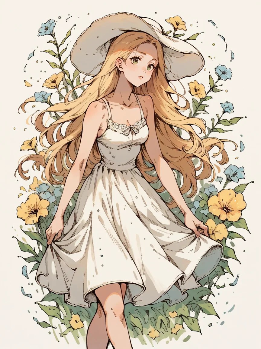 <lora:sk3tchw4t3rXLP2:0.9> sk3tchw4t3r, 1girl, long hair, sundress, flowers, score_9. score_8_up, score_7_up, score_6_up, score_5_up, score_4_up,
