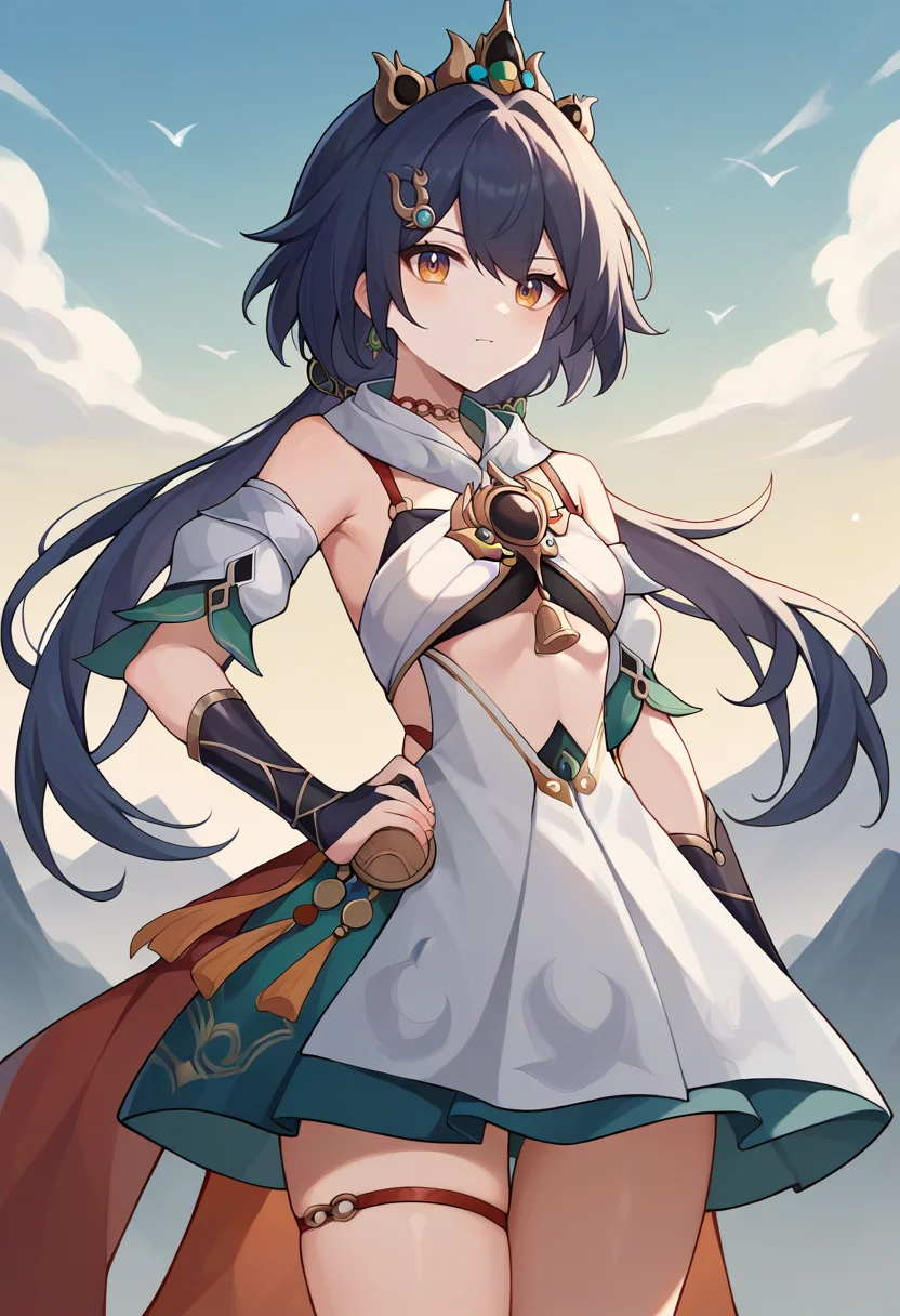 score_9,score_8_up,score_7_up,score_6_up,score_5_up,score_4_up,
1girl, yunli \(honkai: star rail\), long hair, low twintails, hair ornament, dress, clothing cutout, detached sleeves, gauntlets, thigh strap,
solo, cowboy shot, outdoors, sky, cloud, mountain,
<lora:yunliponyxl3-10:1>
