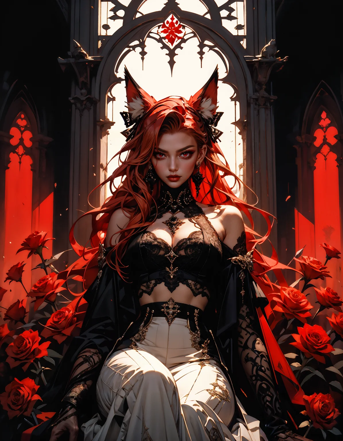 score_9, score_8_up, score_7_up, score_6_up, score_5_up, score_4_up,  1girl, gorgeous, sitting on a throne of roses, red hair, long hair, full body shot, from above, opulent, midriff, soft lighting, limited palette, shades of red, red roses all over the background, red eyes, large breast, ((red fox ears)), long lace dress  <lora:Expressive_H-000001:0.6>, expressiveH <lora:g0th1cPXL:0.4> <lora:incase_style_v3-1_ponyxl_ilff:0.3> <lora:sinfully_stylish_SDXL:0.4>