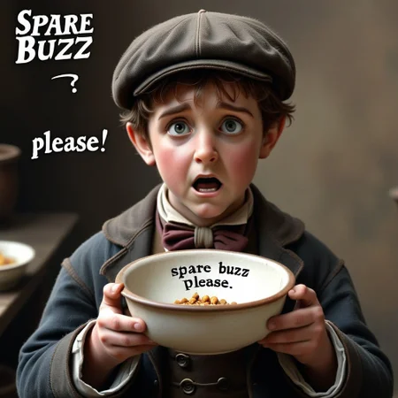 buzz, (Realistic:1.2), oliver twist holding an empty bowl with subtitles "Spare Buzz please", <lora:buzz-text:.9>