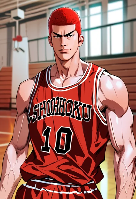 score_9, score_8_up, score_7_up, score_6_up, 1boy, solo, hanamichi sakuragi, slam dunk, young man, red dyed hair, asian, looking at you, muscular, shorts, veiny arms, athletic, basketball outfit, basketball shirt, basketball field, inside, daylight, broad shoulders, navel hair, buzzcut, arrogant smirk, realistic