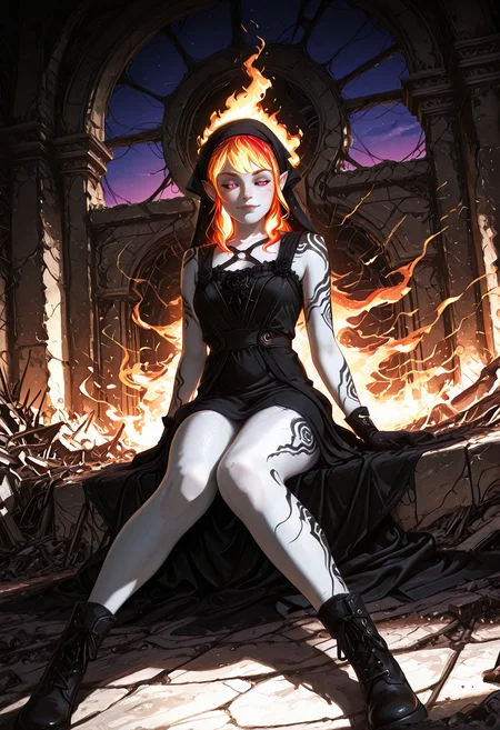 very awa, lineart, realistic, [sei shoujo], [yoshiten], style parody, [bang dream!], [arcane: league of legends], [league of legends], (dynamic angle:1.3), (cowboy shot:1.2) BREAK 1girl, solo, <lora:FireGenasi:0.7> FireGenasi, fire hair, colored sclera, pointed ears, yellow fire hair, <lora:Fiery_Hair_P1:0.6> Fiery_Hair, glowing pink eyes, freckles , irezumi tattoo (white skin:1.2), wiry body, attractive figure, long legs, , perfect hands, colored lips, (amused), closed eyes BREAK wearing cris-cross o-ring (detailed light blue leather funeral dress), highlow skirt, ankle boots, damask studded headscarf BREAK medieval, fantasy, indoors, picturesque ruins, rocky outcrops,crevice, sitting, knees together feet apart , arms at side, on ground, blanket, summer, twilight, cool soft light, night sky, moonlight,, volumetric lighting BREAK <lora:Expression_Detailer_Illustrious_Lora:0.7> <lora:Lucid_Tides_Illustrious_v1:0.7> Lucid Tides, vibrant colors, high contrast, vivid imagery, <lora:BV_Style_Illu_Edition:0.8> BV-Illu