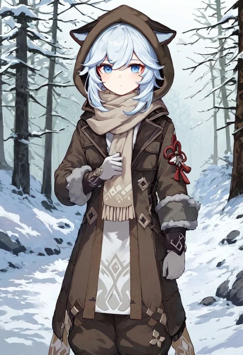 Score_9, score_8_up, score_7_up, Genshin Impact Style, source_anime, snow, ice forest, 1girl, solo,
White hair, tattered fur hood over hair, grey fur hood, tattered fur snow coat, pale blue eyes, standing, facing viewer, staring at viewer, tattered brown cloth around chest, white cloth around chest, white ragged cloth, white ragged scarf, white snow gloves, grey fur boots, dark grey pants, snow boots, black snow boots