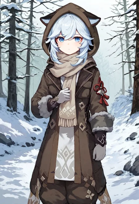 Score_9, score_8_up, score_7_up, Genshin Impact Style, source_anime, snow, ice forest, 1girl, solo,
White hair, tattered fur hood over hair, grey fur hood, tattered fur snow coat, pale blue eyes, standing, facing viewer, staring at viewer, tattered brown cloth around chest, white cloth around chest, white ragged cloth, white ragged scarf, white snow gloves, grey fur boots, dark grey pants, snow boots, black snow boots