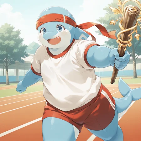 radiant reflections, rich color tones, deep contrast, 
ntricate textures, luminous lighting, cinematic ambiance, shimmering gradients, ethereal glow, 
best quality, colorful, masterpiece, detailed_background, <lora:noto-v2-10:1> t-noto, dolphin boy, 1boy, chubby, 
, gym uniform, running, day, sweatdrop, headband, holding stick, tired, outstretched arm, open hand, cowboy shot,
, around person,