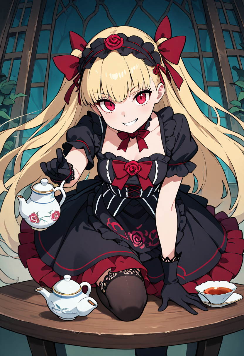 masterpiece, best quality, 1girl, solo, eyelashes, (beautiful eyes), dynamic pose, foreshortening, smile, looking at viewer,   [Tea Party of Thorns], striped corset top, flared skirt with floral embroidery, ruffled neckline, lace-trimmed cuffs, crimson bow choker, black lace apron, thigh-high stockings, bat motif headband, rose-patterned gloves, dark teacup with blood stain, haunted garden table, eerie grin, porcelain tea set,