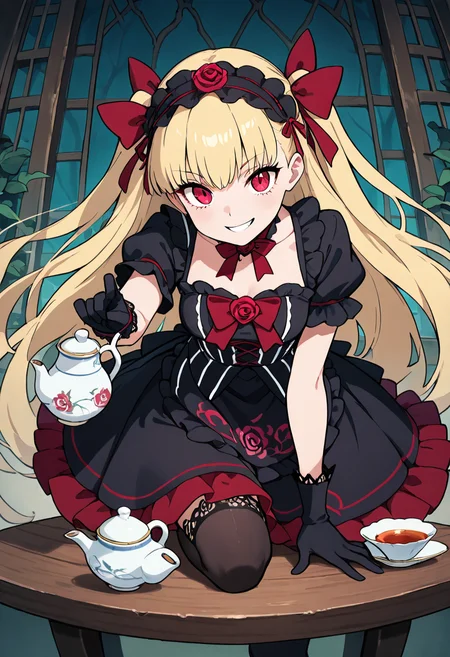 masterpiece, best quality, 1girl, solo, eyelashes, (beautiful eyes), dynamic pose, foreshortening, smile, looking at viewer,   [Tea Party of Thorns], striped corset top, flared skirt with floral embroidery, ruffled neckline, lace-trimmed cuffs, crimson bow choker, black lace apron, thigh-high stockings, bat motif headband, rose-patterned gloves, dark teacup with blood stain, haunted garden table, eerie grin, porcelain tea set,