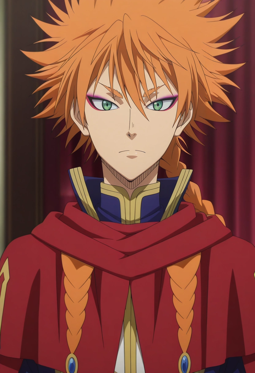 masterpiece, best quality, , anime screencap, anime coloring, official style, , 1boy, solo, male focus, <lora:leopold_vermillion_ilxl:0.98>, leopold_vermillion, orange hair, green eyes, spiked hair, long hair, braid, single braid, makeup, eyeshadow, eyeliner, cape, ,