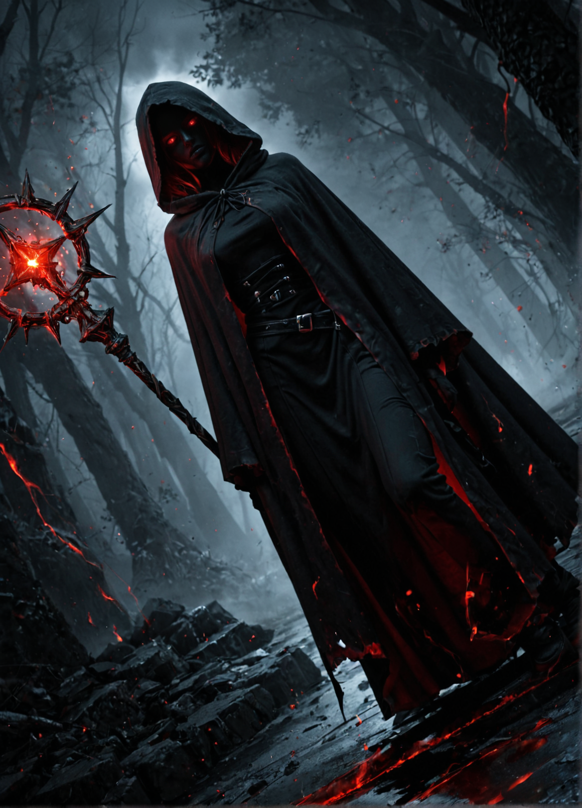 score_9, score_8_up, score_7_up, realistic photo, shot on Canon EOS 5D, 1girl, magic staff, ominous, (cloak, hooded cloak, :1.2) covered in darkness, dark scene, hood, character design, dynamic angle