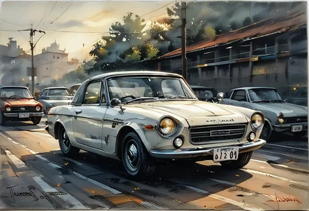 score_9,score_8_up,score_7_up,
Car illustration,dramatic lighting,high contrast,decorative,atmospheric,haunting beauty,texture,(dynamic angles),retro,subdued colors,splash art,highly detailed illustration,trending on Artstation,paint splatters,perfect composition,watercolor,sharp focus,intricate details,highly detailed,white background,
Red,black,gray,yellow,white,
<lora:Midjourney_5:0.6>,<lora:WaterColorV3:0.8>,watercolor,<lora:BDpony_DatsunFairlady2000_V1-22500:0.9>,DatsunFairlady2000,car,motor vehicle,ground vehicle,