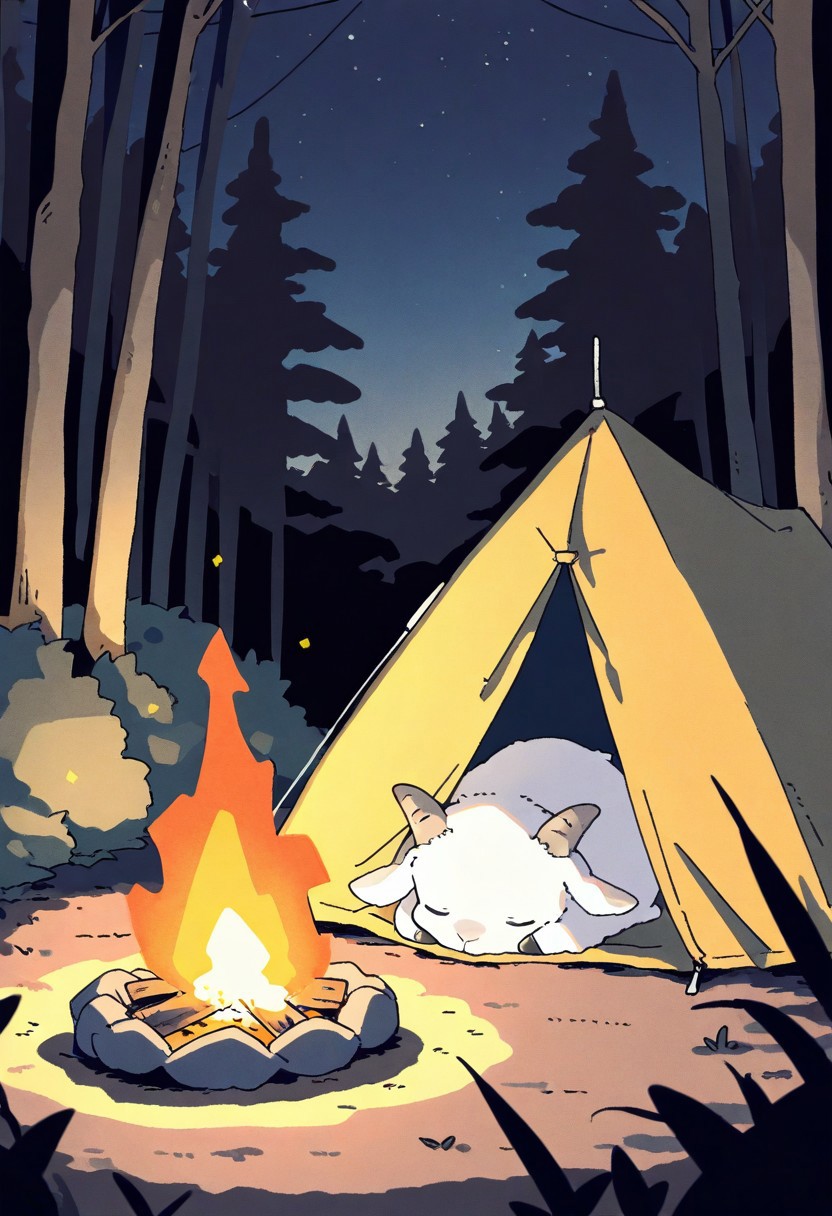 (masterpiece, best quality, high quality, highres), very awa, highres, absurdres,
(naguru \(cyoroama\), (chii-kun \(seedyoulater\):0.7), 
(goat:1.1),
(no humans:1.1), (cute:1.2), comfy, solo, cozy,
outdoors, forest, bonfire, night, camp, tent, sleeping,