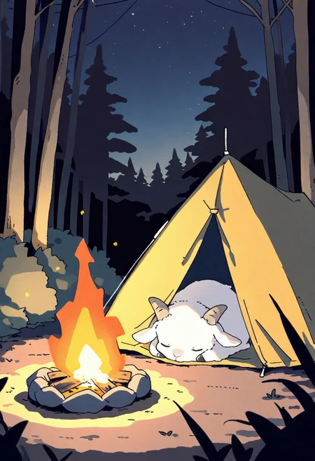 (masterpiece, best quality, high quality, highres), very awa, highres, absurdres,
(naguru \(cyoroama\), (chii-kun \(seedyoulater\):0.7), 
(goat:1.1),
(no humans:1.1), (cute:1.2), comfy, solo, cozy,
outdoors, forest, bonfire, night, camp, tent, sleeping,