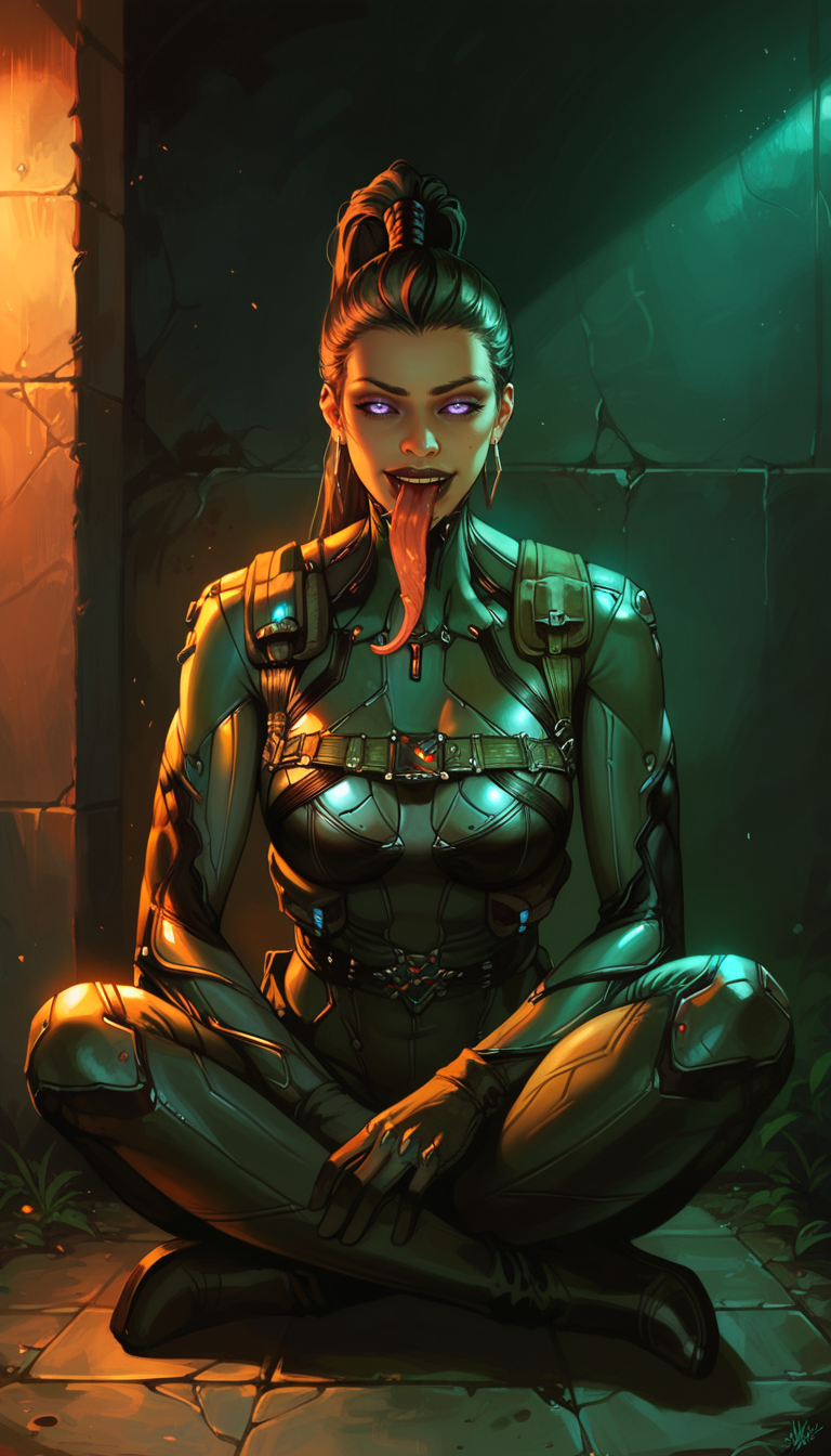 score_9, score_8_up, score_7_up, , detailed face,  best quality, perfect eyes, floating hair,  wallpaper, best quality, thick thighs, , perfect eyes, slim and fit, fit body,
<lora:DetailedEyes_V3 helper eye:1>,
Character:
<lora:Expressive_H:0.4> Expressiveh, <lora:g0th1cPXL:0.4> g0thicPXL, glowing, neon, <lora:incase_style_v3-1_ponyxl_ilff:0.3>,<lora:Sakimichan_2.0:0.6> sakimi2v,
3l3anorframe, colored sclera, black sclera, ponytail, glowing eyes, long tongue, dark lips, 
full body, dark alley, upper body shot, sitting, smirk, 
 <lora:Eleanor_-_Warframe_-_Character-000007:0.8>