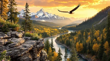 In the warm light of sunset, a majestic eagle soars overhead as the American wilderness unfolds before us. A rugged rocky outcrop, adorned with vibrant wildflowers, overlooks the serene river winding through the valley below. The forest's towering trees, their leaves tinged with autumn's warm hues, stretch towards the sky. A cascading waterfall feeds into the river, its gentle melody a symphony of nature. In the background, snow-capped peaks rise majestically, bathed in the golden light of sunset, their mirrored reflections rippling across the tranquil waters.
The rocky outcrop's rough texture is juxtaposed with the delicate petals of the wildflowers, while the forest's intricate foliage and the eagle's soft plumage contrast with the river's smooth surface. The warm lighting casts a soft glow on the landscape, inviting contemplation and awe. Every element contributes to a harmonious composition that celebrates the grandeur and tranquility of this vast, untamed wilderness.