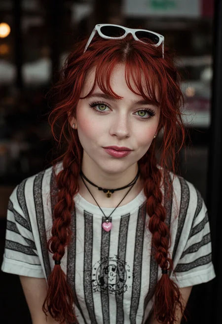 Real life three quarter view photo depicting petite swiss 1girl, 20yo, with breathtaking light green deep set eyes and heart-shaped lips with a blushing smirk. She has tousled fiery red braided hair and emo-scene makeup featuring white shades and intense false lashes with lipgloss, wearing seasonal autumn linen graphic tee in a vertical stripes design in combination with a pendant necklace. Set inside a trending cyberpunk cafe with goth inspired decor, on a dark clear midnight in winter. With diffuse front-lighting, film grain, very aesthetic, volumetric lighting, long hair, gorgeous, pale beauty