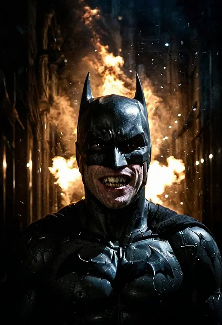 dark portrait photo of batman the dark knight, front view, 35mm cinematic , film, bokeh, professional, 4k, highly detailed, maniacal laughter