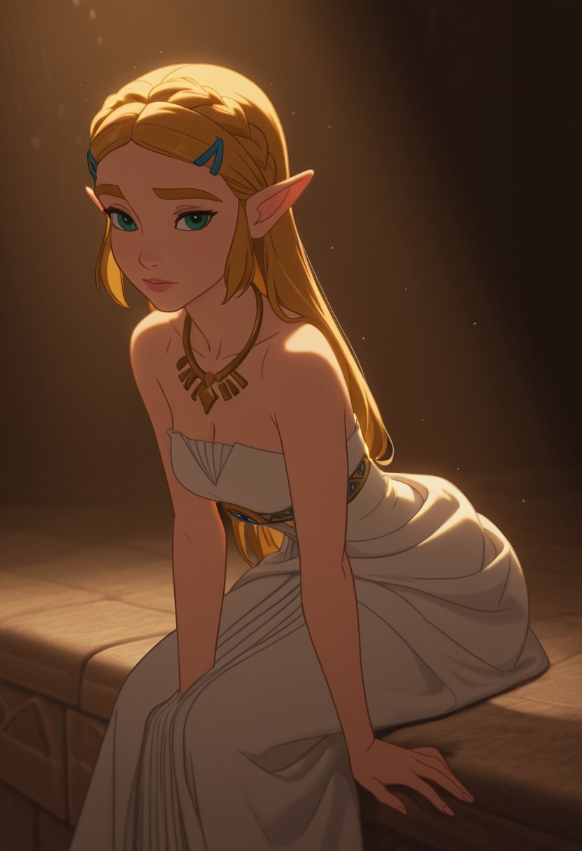 DisneyRenstyle, DISNEY_ANIMATION,
masterpiece, best quality, hyper-realistic, ultra-HD, luminous lighting, cinematic ambience, shimmering gradients, ethereal glow, deep contrast, rich color tones, seductive atmosphere, captivating sensuality, Cinematic Lighting, raytracing, volumetric lighting, ambient occlusion, Background, girl, solo, dress, sitting, leaning forward, Princess Zelda from Breath of the Wild, green eyes