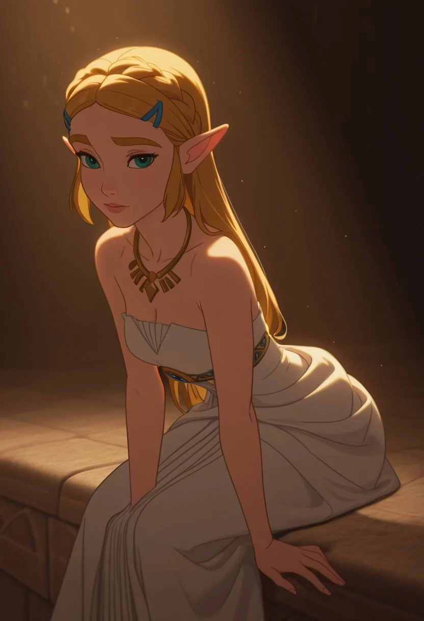 DisneyRenstyle, DISNEY_ANIMATION,
masterpiece, best quality, hyper-realistic, ultra-HD, luminous lighting, cinematic ambience, shimmering gradients, ethereal glow, deep contrast, rich color tones, seductive atmosphere, captivating sensuality, Cinematic Lighting, raytracing, volumetric lighting, ambient occlusion, Background, girl, solo, dress, sitting, leaning forward, Princess Zelda from Breath of the Wild, green eyes