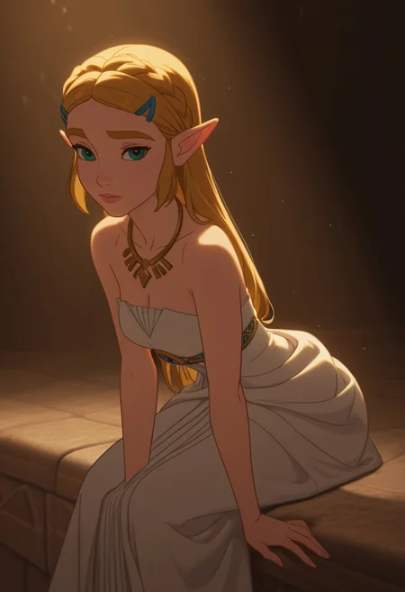 DisneyRenstyle, DISNEY_ANIMATION,
masterpiece, best quality, hyper-realistic, ultra-HD, luminous lighting, cinematic ambience, shimmering gradients, ethereal glow, deep contrast, rich color tones, seductive atmosphere, captivating sensuality, Cinematic Lighting, raytracing, volumetric lighting, ambient occlusion, Background, girl, solo, dress, sitting, leaning forward, Princess Zelda from Breath of the Wild, green eyes
