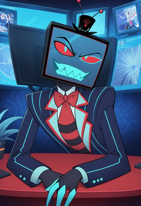 score_9, score_8_up, score_7_up,
masterpiece, best quality, detailed, amazing quality,
detailed background, office,
detailed eyes, clean eyes,
dynamic pose, sitting on desk, static screens,
1man,
Vox, TV head, television head, rectangular Head Cyan screen, cyan screen, red sclera, blue pupils, blue teeth, tophat, TV antennas, red and black striped shirt, dark blue coat, red tie, black skin,
easynegative
