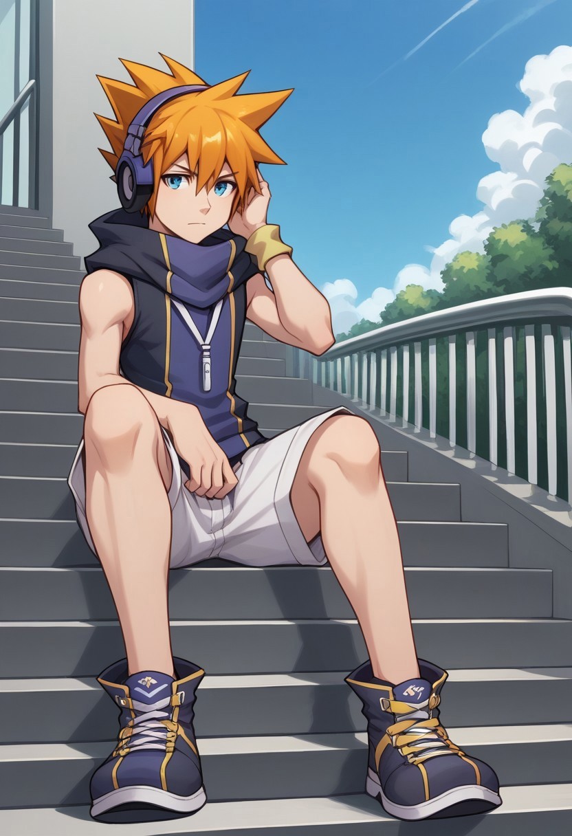 score_9, score_8_up, score_7_up, source_anime, highly detailed,  

nekusakuraba, 1boy, headphones, male focus, shorts, solo, spiked hair, sitting, orange hair, black hair, multicolored hair, blue eyes, white shorts, sleeveless, hoodie, sleeveless hoodie, high collar, stairs, looking at viewer, closed mouth, hand on headphones, purple footwear,

outdoor, sky, cloud,