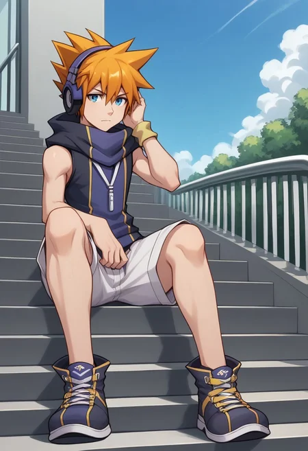 score_9, score_8_up, score_7_up, source_anime, highly detailed,
nekusakuraba, 1boy, headphones, male focus, shorts, solo, spiked hair, sitting, orange hair, black hair, multicolored hair, blue eyes, white shorts, sleeveless, hoodie, sleeveless hoodie, high collar, stairs, looking at viewer, closed mouth, hand on headphones, purple footwear,
outdoor, sky, cloud,