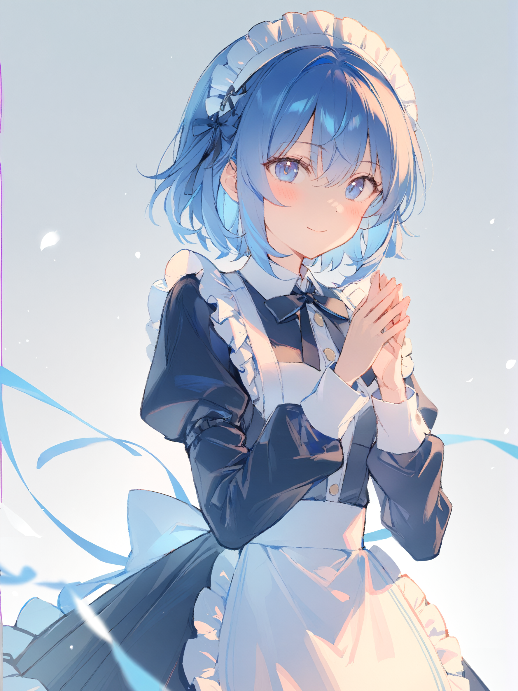 1girl, 
solo, blue eyes, black ribbon, frilled apron, ribbon, apron, white apron, simple background, black dress, hairband, white hairband, closed mouth, frills, smile, short hair, frilled hairband, sidelocks, dress, maid, blush, own hands together, blue hair, neck ribbon, hair between eyes, white background, maid apron, looking at viewer, upper body, long sleeves, maid headdress, collared dress, hands up, 
masterpiece, best quality,  safe
 <lora:mki-ani31-blackmeow-v1-000120:1>