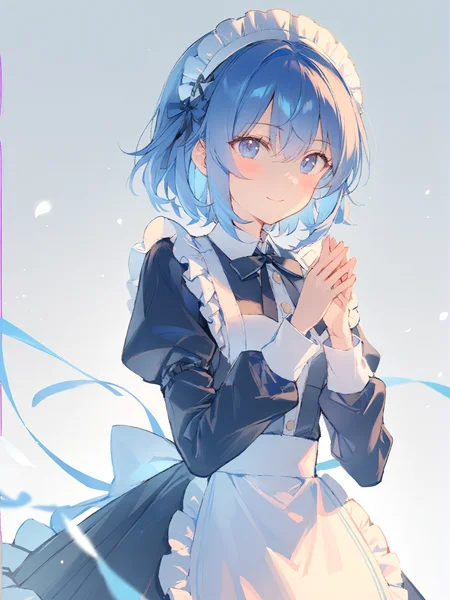 1girl,
solo, blue eyes, black ribbon, frilled apron, ribbon, apron, white apron, simple background, black dress, hairband, white hairband, closed mouth, frills, smile, short hair, frilled hairband, sidelocks, dress, maid, blush, own hands together, blue hair, neck ribbon, hair between eyes, white background, maid apron, looking at viewer, upper body, long sleeves, maid headdress, collared dress, hands up,
masterpiece, best quality, safe
<lora:mki-ani31-blackmeow-v1-000120:1>