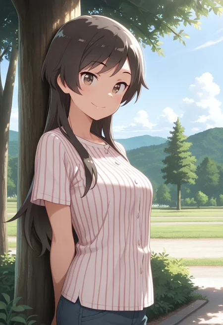 masterpiece,best quality,amazing quality, matsumoto kouko, long hair, black hair, grayish-brown eyes, 1girl, solo, outdoors, shirt, tree, striped, day, sky, looking at viewer, striped shirt, vertical stripes, short sleeves, smile