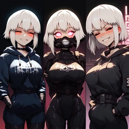 charturnerv2, score_9, score_8_up, score_7_up, source_anime BREAK 1girl, multiple views, before and after, leotard, looking at viewer, acidic splash dark background, uzaki tsuki, white hair, noodle short hair, closed eyes, standing, large breasts, perfect breasts, great cleavage, smile, blush, pasties, choker, hands in pockets, hoodie, 2koma, thighhighs, elbow gloves, reverse outfit, arms behind back, motherly side plait, ((tactical mask)), amazing design character, blazing hoodie, 3DMM, g0th1c, glowing, neon lights, glowing eyes, BSDBN, sinozick style